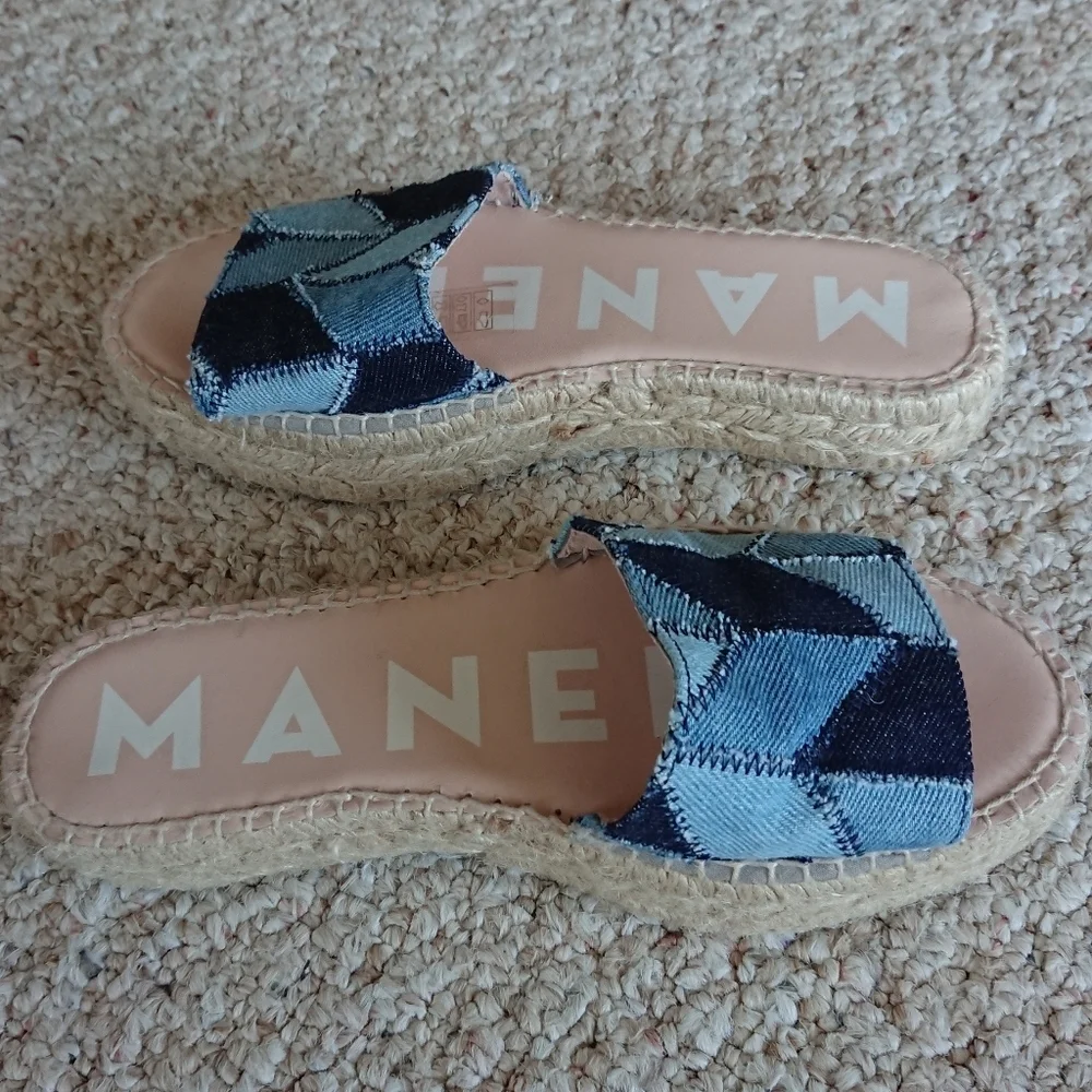Manebi Denim Woven-Strap Espadrille Slide Sandals size 6